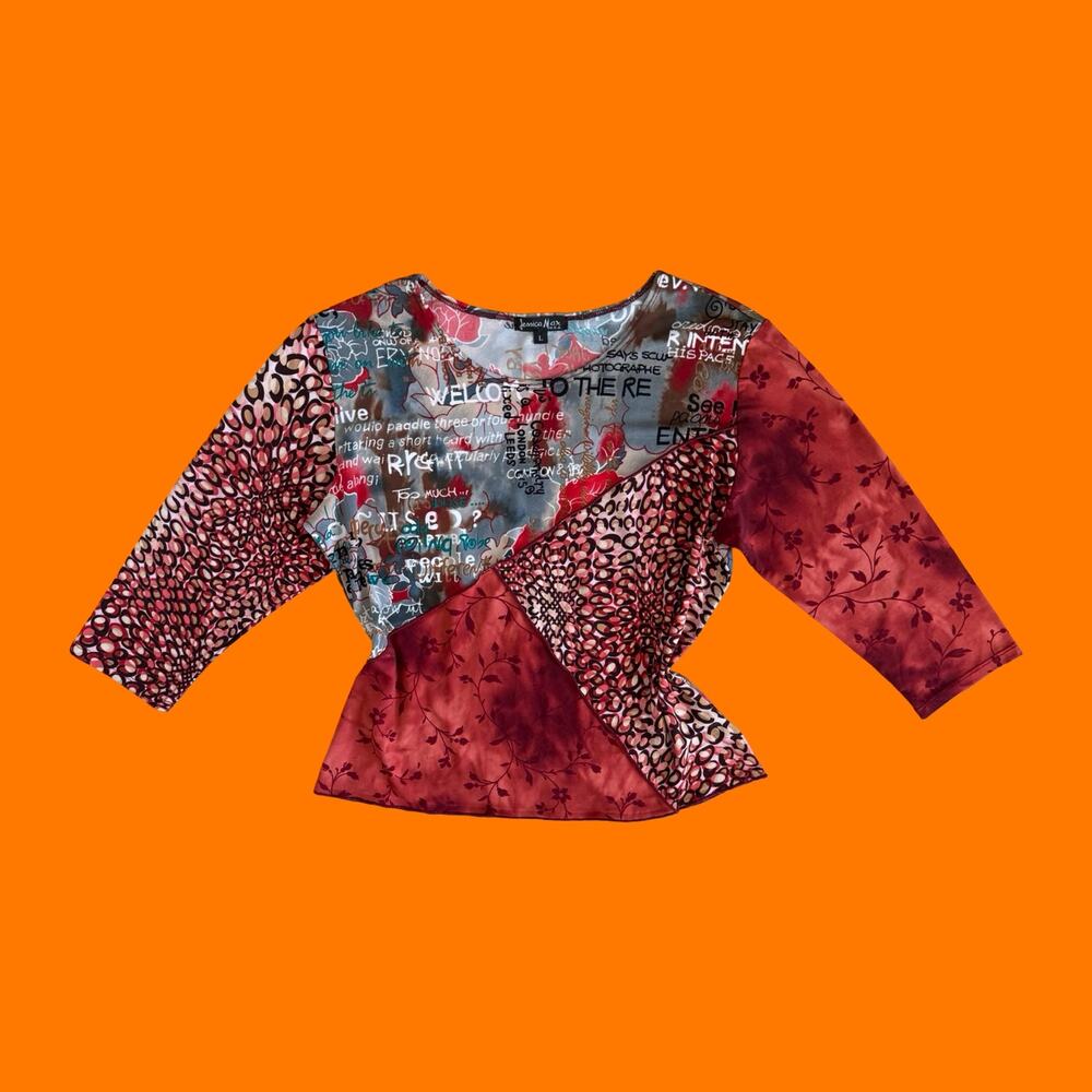 90's vintage artsy graffiti patchwork slinky 3/4 sleeve blouse LARGE Jessica max